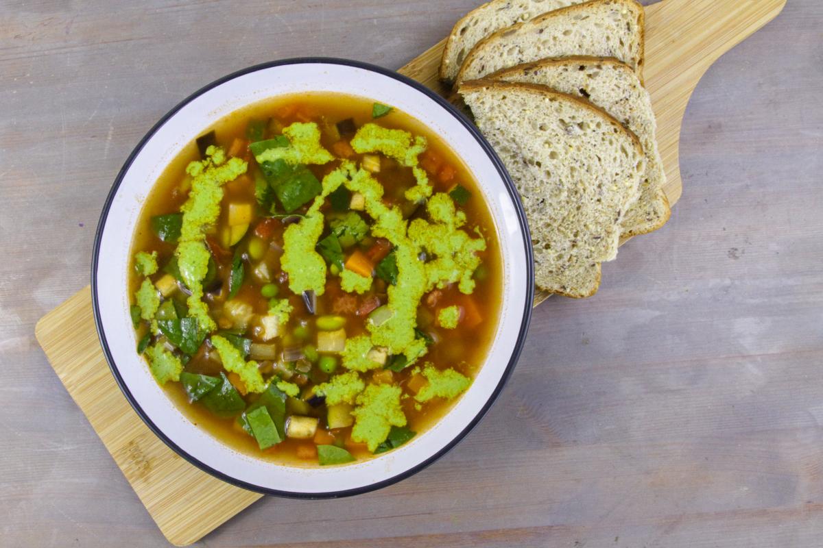 Seasonal minestrone with green lentils and pistou The Vegan Society